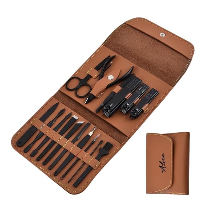 Custom Manicure and Pedicure Set, Customize 16 in 1 Nail Care Kit with Nail Clippers, Cuticle Trimmer, Tweezers, Metal File, Pedicure Tools for Home, Travel or Christmas Birthday Gift Use (Black)