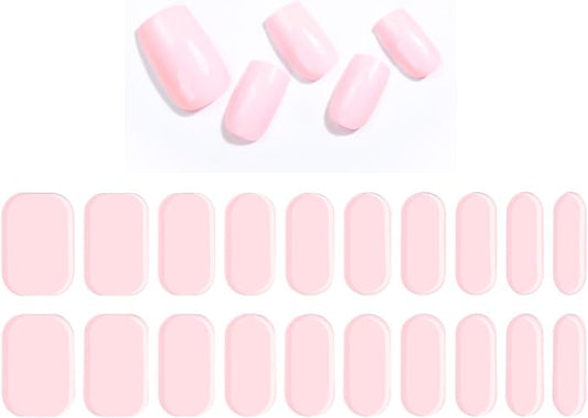 Gel Nail Strips 20 Pcs Wraps - Pink, Solid, Easy Apply Gel Nail Stickers Long Lasting, Salon-Quality, 2 Prep Pads, 1 File, 1 Wooden Stick, UV Light Required
