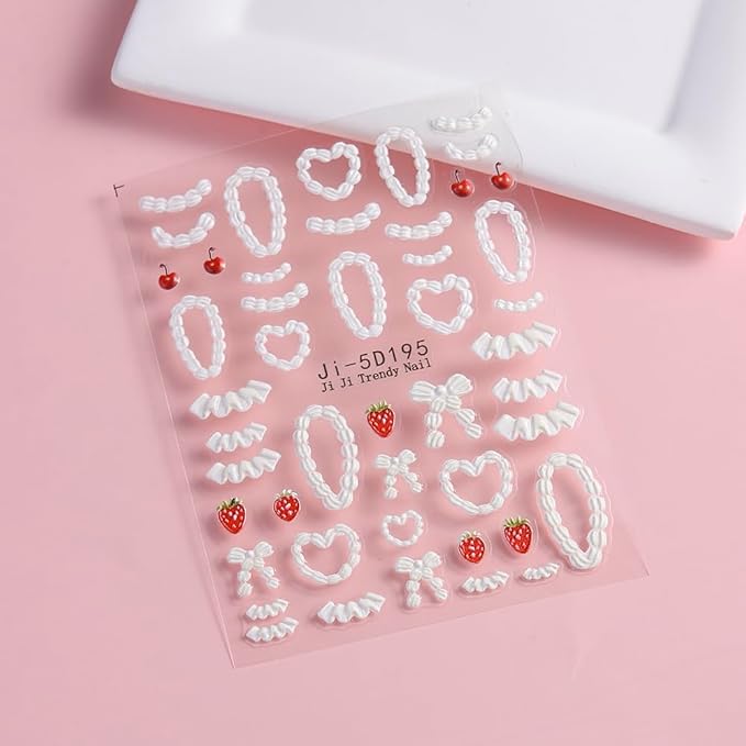 Cake Cream 5D Embossed Nail Art Stickers, 4 Sheets Cute Cream Chain Pleated Skirt Edge French Nail Decals Strawberry Cherry Rose Heart Self Adhesive DIY Nail Supplies for Women Girls