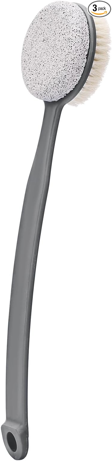 Foot File Callus Remover,Beomeen Pumice Stone for Feet with Long Handle, Hard Skin Callus Remover, 2 in 1 Foot Scrubber, Back Body Brush for Shower Brush Deep Cleansing and Exfoliating (Curved),Grey