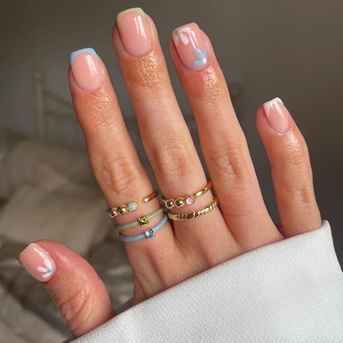 French Pink Press on Nails Short Square, Summer Fake Nails with Cute Blossom Pink Designs, Glossy Gel Finish Acrylic Nails, Thick Natural Reusable Glue on Nails Kit for Women, 24Pcs, Floral Blush