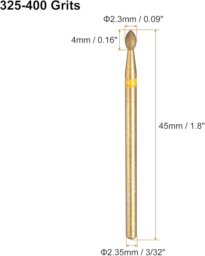 HARFINGTON 8pcs 325-400 Grits Diamond Grinding Bit 2.3mm Oval Head 2.35mm Shank 4mm Length Titanium Plated Stone Sanding Drill Bits Rotary Tool for Nails Grinding Polishing