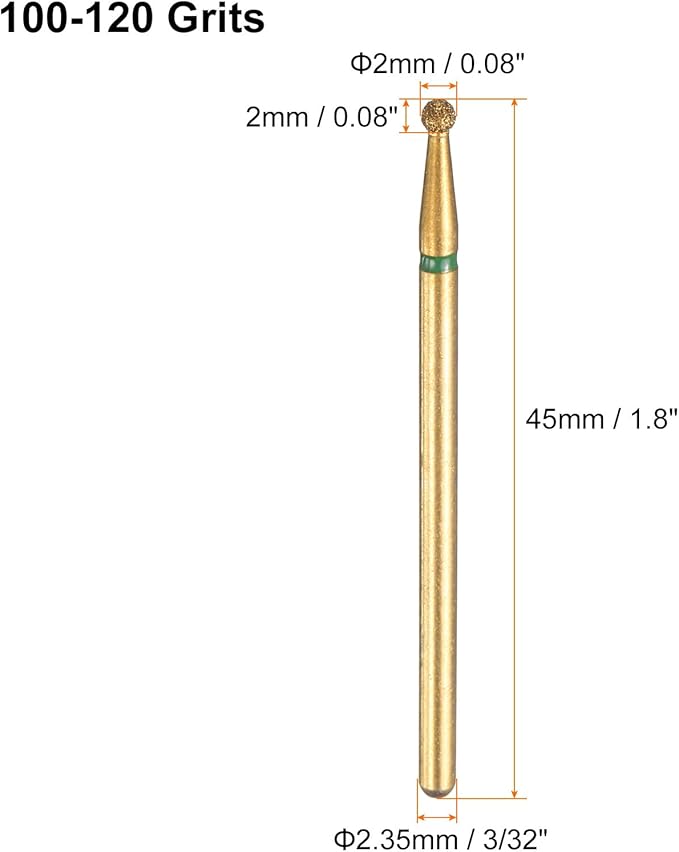 HARFINGTON 6pcs 100-120 Grits Diamond Grinding Bit 2mm Ball Head 2.35mm Shank 2mm Length Titanium Plated Stone Sanding Drill Bits Rotary Tool for Nails Grinding Polishing