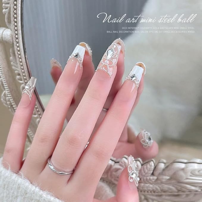 2 Boxes Flatback Pearls (White+Beige) and Silver+Gold Nail Beads for Nail Art with Rhinestone, Pearl Nail Charms and Gems and Small Round Caviar Beads for Acrylic Nail Tips Manicure 3