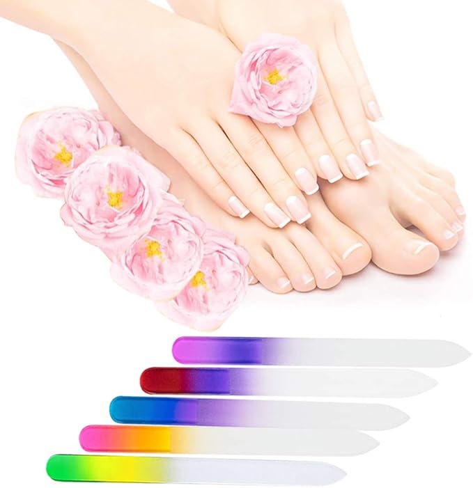 5 Pcs Glass Nail File with Plastic Sleeve, Crystal Fingernail Files, Double Sided Finger Nail Files, Professional Manicure Nail Care for Women Girls