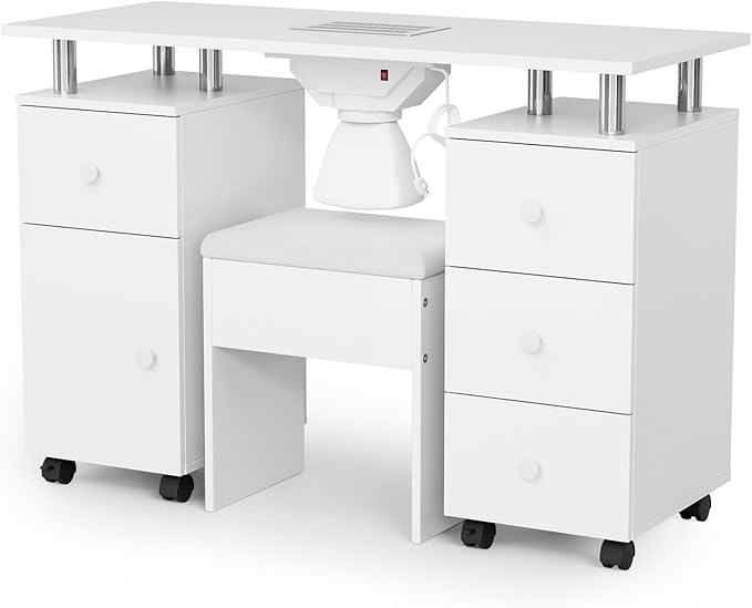 OmySalon Nail Desk and Chair Set, with Stool, Dust Collector, Arm Rest & Wheels, Acetone Resistant Desktop, Manicure Table Nail Table Station for Nail Tech w/Drawers Storage (White)