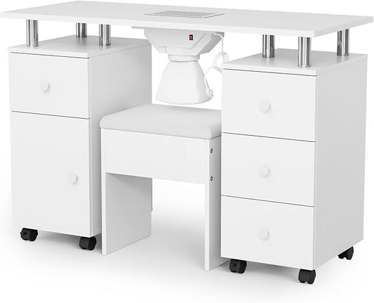 OmySalon Nail Desk and Chair Set, with Stool, Dust Collector, Arm Rest & Wheels, Acetone Resistant Desktop, Manicure Table Nail Table Station for Nail Tech w/Drawers Storage (White)