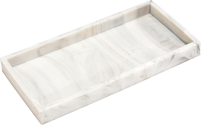 DNC 7.9" Small Silicone Bathroom Vanity Tray for Counter, Kitchen Sink Soap Tray for Dish Holder Dispenser Countertop Toilet Tank Desk Organizer Marble White