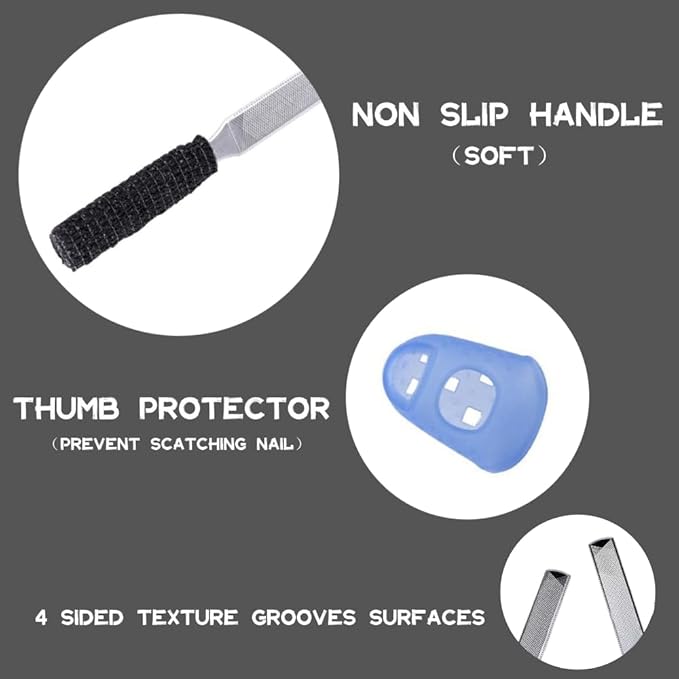 3-in-1 Nail File Kit: Heavy Duty Toe Nail Files for Thick Nails & Seniors with Ingrown Lifter, Thumb Guard | Non-Slip Metal Emery Boards for Nails