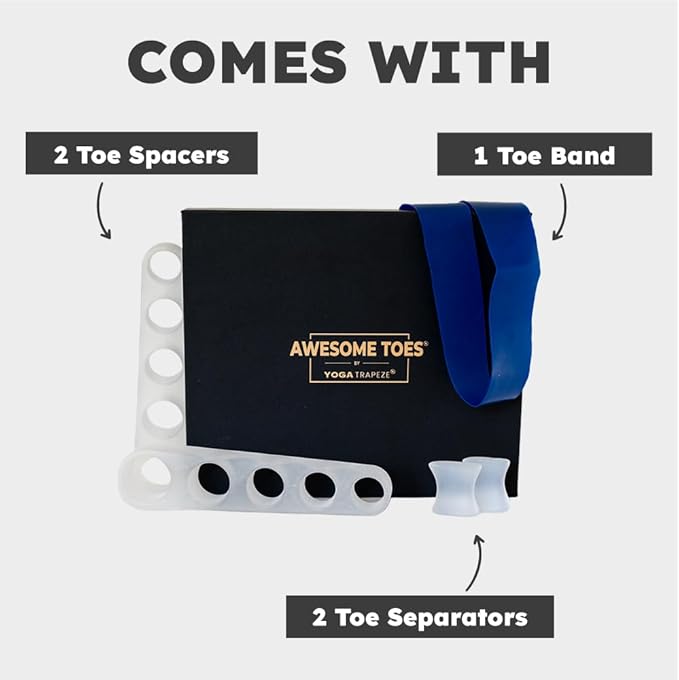 Awesome Toes Spacers & Separators Kit – Fast Relief for Hammertoe & Bunions | Includes Toe Stretch Band, Individual Toe Spacers & Full Toe Spacers for Walking, Running, & Yoga Practice | Large