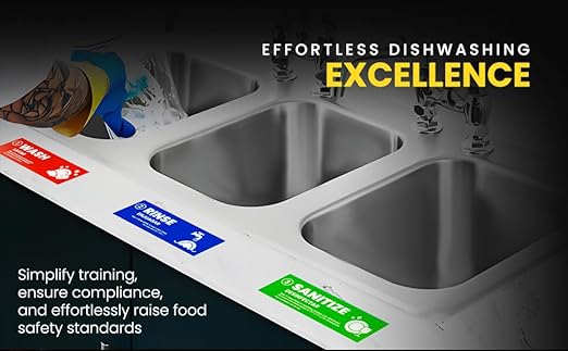 [Enhanced] Wash Rinse Sanitize Sink Labels, Hand Wash Only, and Employee Must Wash Hands | 3 Compartment Sink Stickers | Training Labels for Dishwashing | Food Service Operators (1 Set: 6 x 2 in)