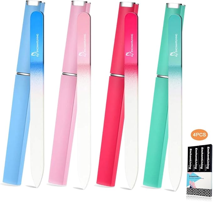 4 Pack Glass Nail Files with Case,Crystal Glass Fingernail Files,Double Sided Glass Nail File,Nail Care Nail File,Gifts for Women and Girls,Individual Packaging