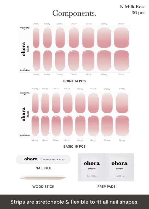 ohora Semi Cured Gel Nail Strips (N Milk Rose) - Pink, Ombre, Works with Any UV/LED Lamps, Salon-Quality, Long Lasting, Easy to Apply & Remove - Includes 2 Prep Pads, Nail File & Wooden Stick