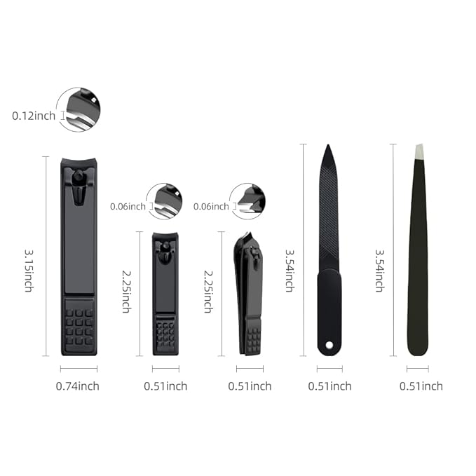 Nail Clippers Set Black Matte Stainless Steel Fingernail & Thick Toenail & Ingrown Nail Clippers & Tweezers & Nail File, Perfect 5 pcs Nail Clippers Cutter for Men and Women(Black)