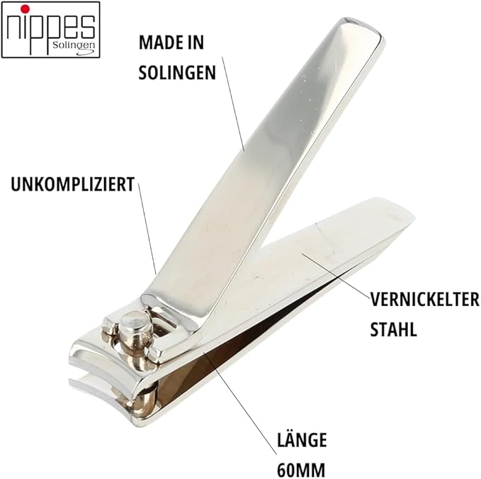 Nippes Professional Nickel Plated Fingernail Clipper - for Finger, Toenail, Cosmetics - Quality Handmade in Solingen Germany - Professional Grade - Ergonomic Hand Grip - Sharp and Safe Design