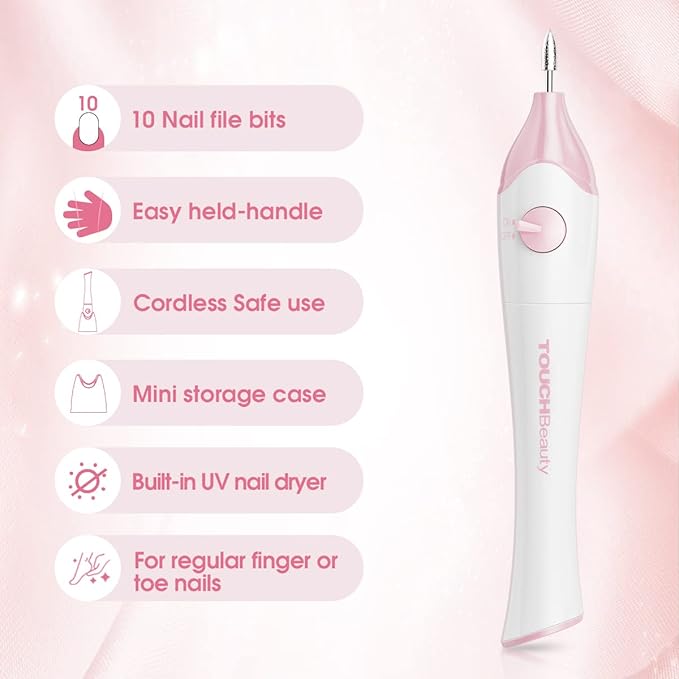 TOUCHBeauty Electric Nail Care Set - with UV Light Stand, 10pcs Nail Bits, Buffer Drill Polisher, Fingernails and Toenails Care Set, Pink