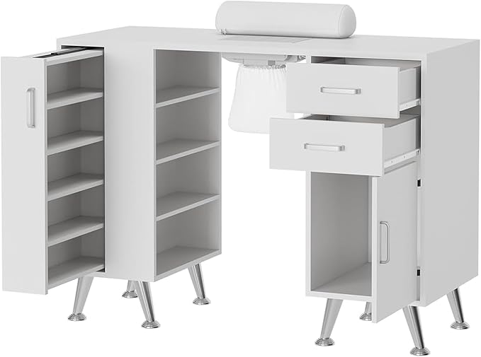 Manicure Table with Dust Collector, 42" Corner Nail Desk for Nail Tech with Pull-Out Polish Display Rack Arm Rest, Acetone Resistant Top, Drawers and Storage Cabinet