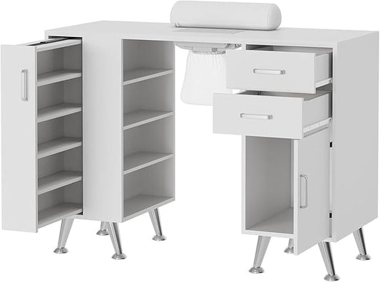 Manicure Table with Dust Collector, 42" Corner Nail Desk for Nail Tech with Pull-Out Polish Display Rack Arm Rest, Acetone Resistant Top, Drawers and Storage Cabinet