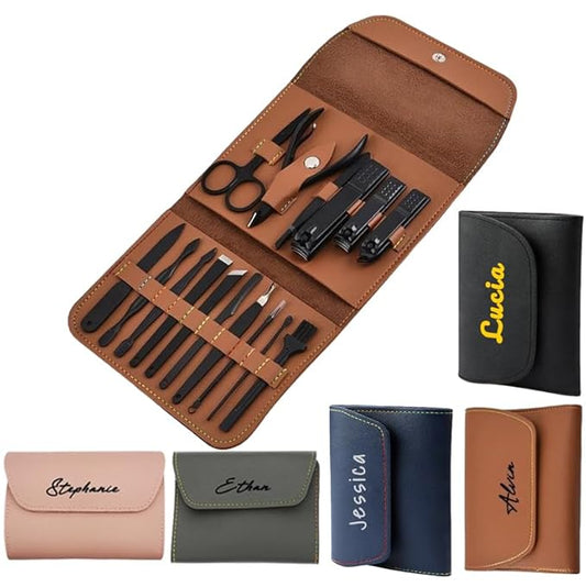 Custom Manicure and Pedicure Set, Customize 16 in 1 Nail Care Kit with Nail Clippers, Cuticle Trimmer, Tweezers, Metal File, Pedicure Tools for Home, Travel or Christmas Birthday Gift Use (Brown)