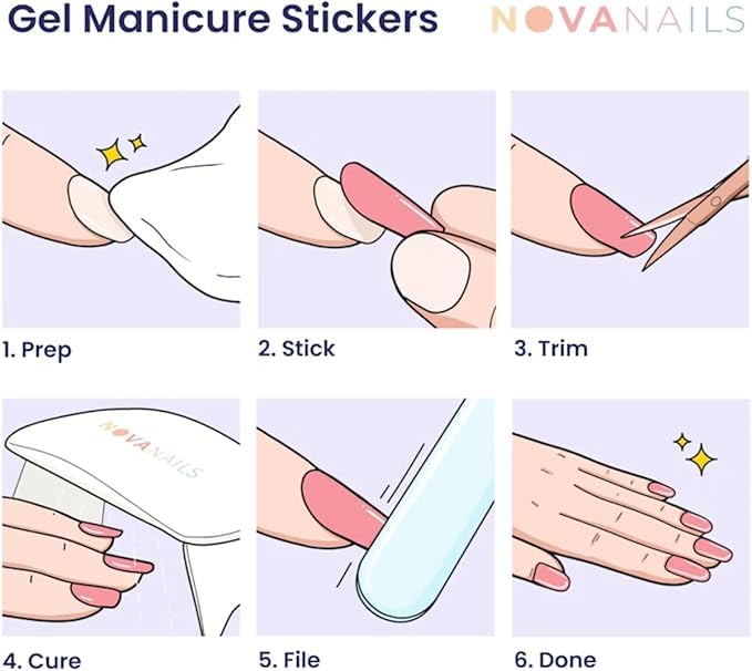 NOVA, Female Founded, Semi Cured Gel Nail Strips (Jolie) - The 10 Minute Manicure. Salon-Quality, Works with Any Nail Lamp, Easy to Apply & Remove - Incl. Nail File & Wooden Stick (Jolie)