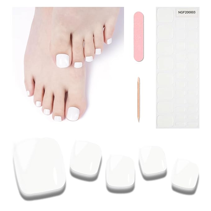 Semi Cured Gel Toenail Strips, 32 Snow White Gel Toenail Stickers - Works with Any UV Lamps Pedicure Strips Full Nail Wraps with Nail File & Wood Stick
