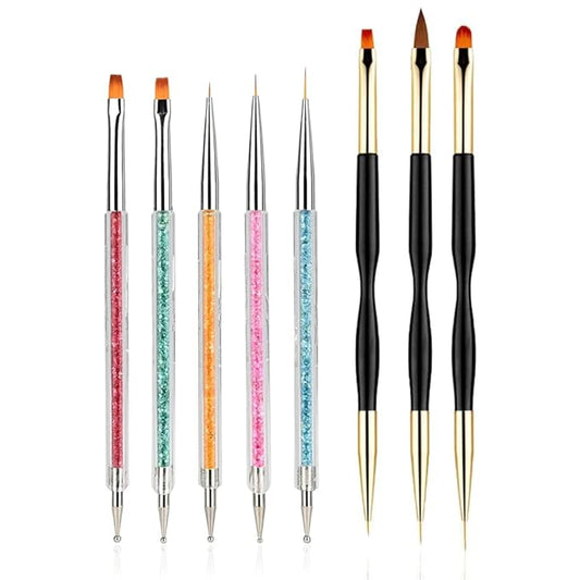 8PCS Nail Art Brushes, Double-Ended Brush and Dotting Tool Kit, Dual End Nail Art Pen Brush Acrylic Round Flat Painting Drawing Liner Nail Tools