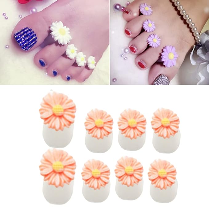 8Pcs Silicone Toe Separators, Daisy Flower Toe Separators Gel Foot Toe Spacers Separators Bunion Corrector for Pedicures Nail Polish Salon, Orange