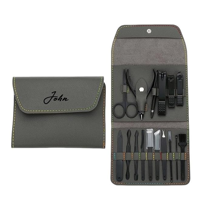 Custom Manicure and Pedicure Set, Customize 16 in 1 Nail Care Kit with Nail Clippers, Cuticle Trimmer, Tweezers, Metal File, Pedicure Tools for Home, Travel or Christmas Birthday Gift Use (Gray)