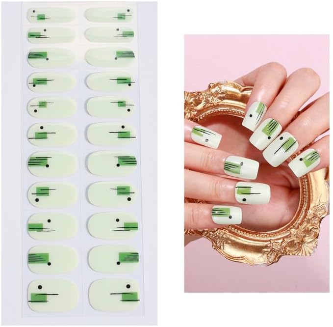 No Lamp Gel Nail Strips 22 Pcs Wraps - Mint Green, Easy Apply Gel Nail Stickers Long Lasting, Salon-Quality, 2 Prep Pads, 1 File, 1 Wooden Stick