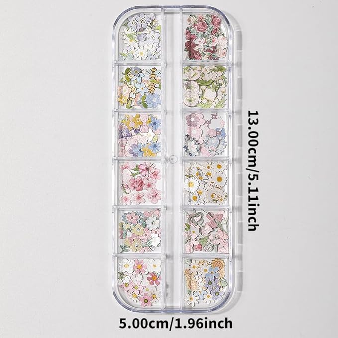 300Pcs 3D Flower Nail Art Charms Sequins Decals Colorful Mixed Flowers Leaves Butterfly Design Slice Nail Flowers Ultra Wood Pulp Flakes Sequins 1