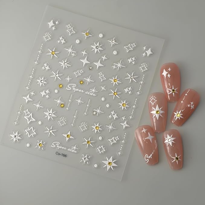 Star Nail Stickers for Nail Art 5D Self-Adhesive Nail Decals White Star Nail Stickers with Rhinestones Design White Nails Supplies Decoration Accessories for Women and Girls