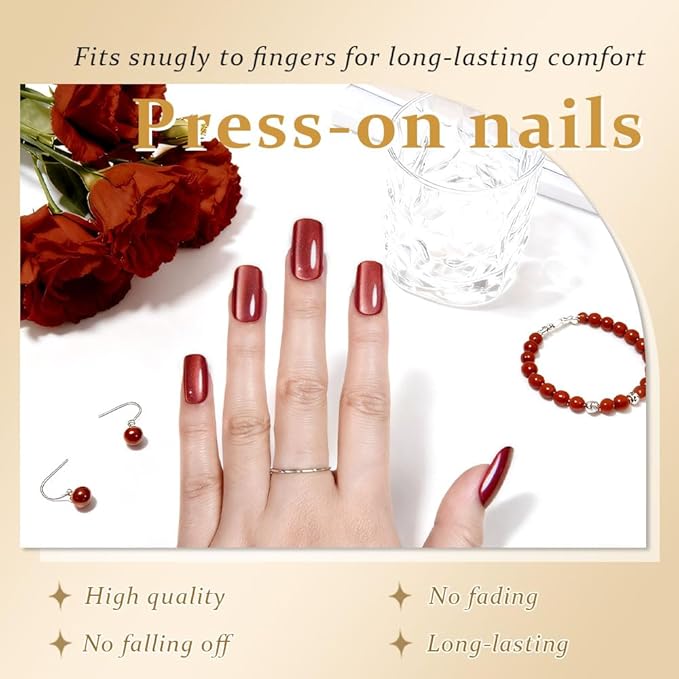 Red Cat Eye Press on Nails Medium Square, Medium Square Press Glue on Nails Chrome for Women Gift, Red Holographic Glitter Glossy Reusable Soft Gel Acrylic Fake Nail with Designs Cateye Effect