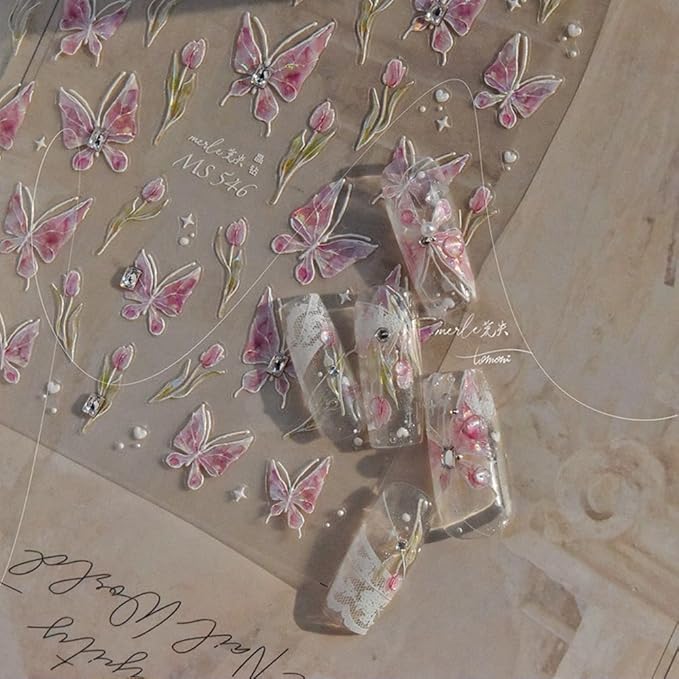 Butterfly Nail Art Stickers Decals Pink Butterfly 5D Embossed Nail Decals Tulip Butterfly Nail Charms Designs Adhesive Sticker Manicure Accessories for Women Girls DIY Nail Art Decorations Supplies