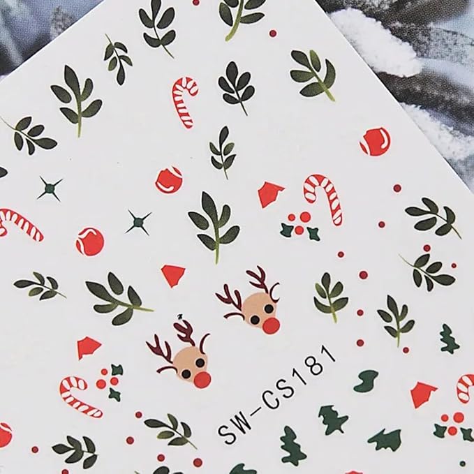 Christmas Nail Art Stickers Decals Holly Leaf Candy Cane Design 3D Self-Adhesive Xmas Nail Art Supplies Decals 6PCS Snowflakes Bow Star Ball Christmas Stickers for Nails Holiday Manicure Decorations