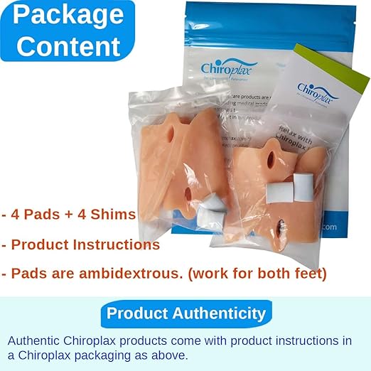 Chiroplax Bunion Corrector for Women & Men Relief Cushion Pads Hallux Valgus Guard Toe Separator Straightener Splint Protector Shield Spacer Sleeve Cover (4 Pads w/Shims, Small)