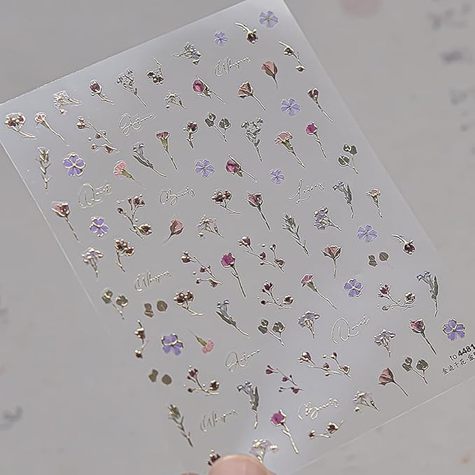 1 Sheet of Hot Stamping Flower Nail Decals, Colorful Dried Flower Nail Stickers, 5D Self-Adhesive Nail Design Stickers, Suitable for Women DIY Spring Summer Floral Nails Decoration Supplies