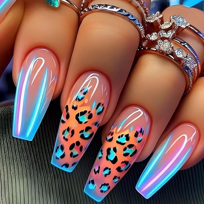 Aurora French Tip Press on Nails Long Square Fake Nails with Leopard Print Designs Glossy Full Cover Nude Glue on Nails Cheetah Nails Acrylic Stick on Nails for Women Girls Manicure Kit 24 Pcs
