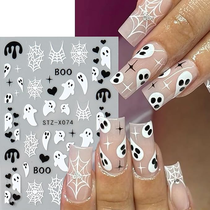 Halloween Nail Stickers 3D Self Adhesive Nail Art Stickers Ghost Nail Decals Spider Web French Tips Heart Flame Black White Design Spider Nails Sticker for Nails Art for Women DIY Manicure 6 Sheets