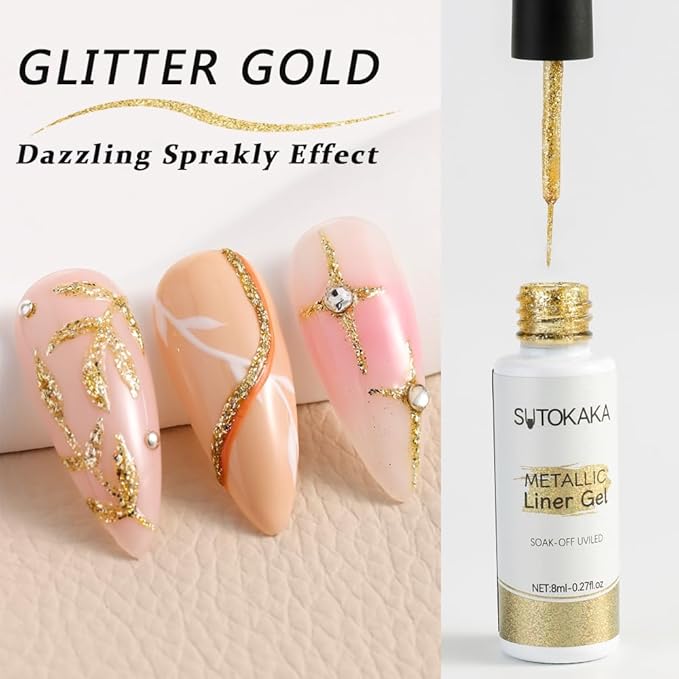 Nail Art Liner Gel Polish Set, 4 Colors Black White Glitter Gold Silver with Thin Brush for Painting Drawing Line Swirl French Tips Gel Polish Curing Requires for Home Salon