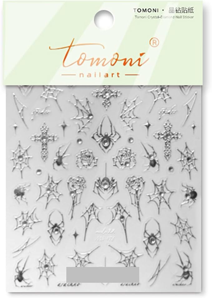 Halloween Spider Nail Stickers Silver Crystal Diamond Nail Art Decals 5D Nail Stickers Cross Rose Spider Web Spiders Nail Art Supplies Cute Halloween Nails Accessories for Acrylic Nails Decorations