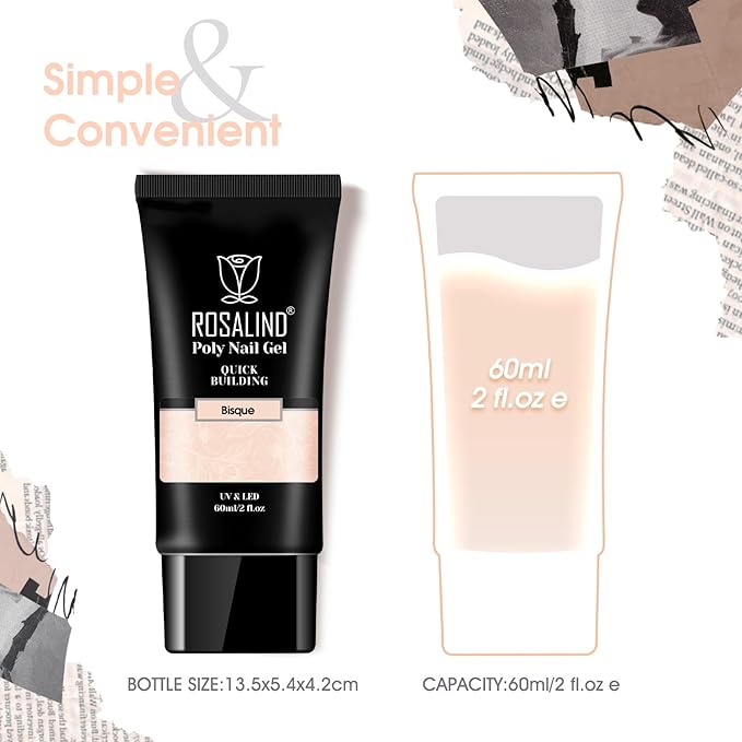 ROSALIND Nude Poly Extension Gel, 60ml Light Nude Poly Nail Gel Builder for Nail Art Decoration,Nail Thickening Extension Easy to DIY Use at Home Need UV Lamp