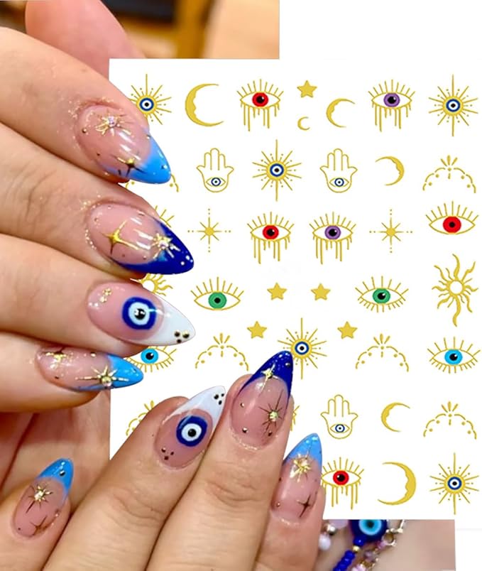 6 Sheets Halloween Eye Nail Art Stickers 3D Self Adhesive Gold Silver Nail Stickers Gothic Eye Nail Decals Star Sun Nail Art Supplies Halloween Holiday Nails Supply for Women DIY Manicure Kit