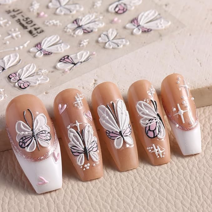5D Embossed Butterfly Nail Stickers, 3 Sheets Self-Adhesive Nail Decals White Pink Purple Butterfly Daisy Flowers Designs Nail Decorations DIY Manicure Supplies for Women Girls&Kids