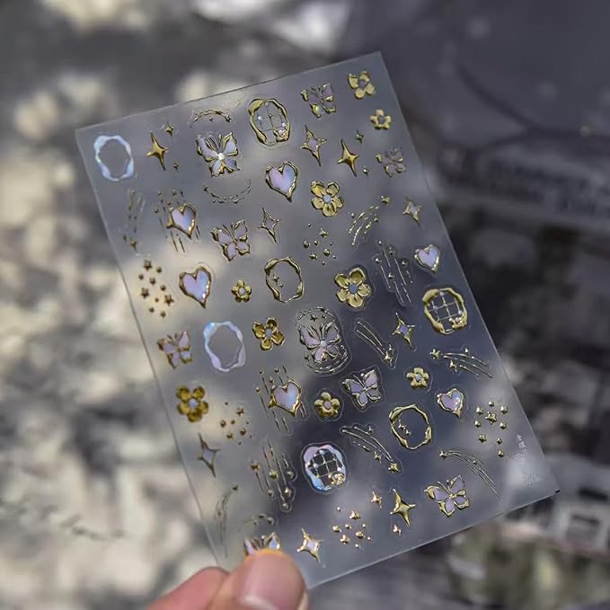 2 Sheets Gold Nail Stickers Star Heart Butterfly Nail Decals Bohemian Style Nail Art Stickers 5D Embossed Self-Adhesive Star Moon Nail Decals Bohemia Flower Nails Designs Nails Decoration