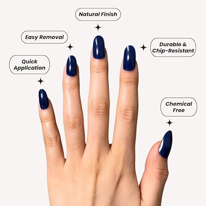 Perfect Look Press On Nails - Blue Ink | No Glue One-Day Long Oval Nails, Glossy Deep Blue Fake Nails for Bold Looks - 24 Pcs Nail Kit with Adhesive Tabs