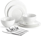 12Pc Bone China Dinnerware Set & 20Pc Flatware Combo Set by KINGSTONE