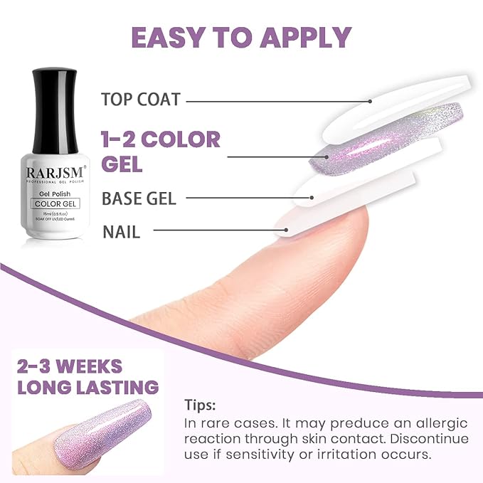 RARJSM Aurora Cat Eye Gel Nail Polish Purple Pink Velvet Silver Glitter Universal Galaxy Shimmer Star Effect Gel Polish with Magnet Stick Single Bottle UV LED Curing Require Soak Off Home Salon