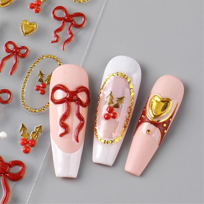 2Sheets Christmas Nail Art Stickers 5D Embossed Winter Nails Decals French Nail Stickers for Nail Art Self Adhesive Red Gold Heart Bow Design Christmas Sticker for Women Holiday DIY Manicure Supplies