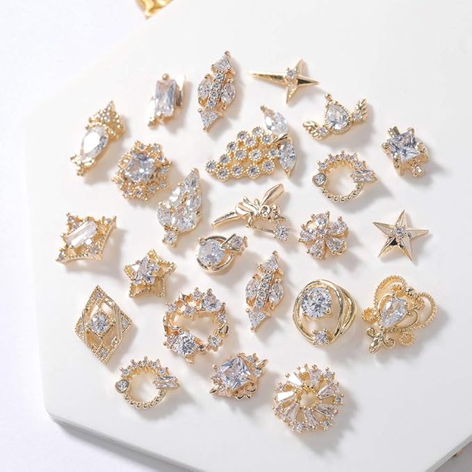 HNUIX Nail Charms and Gems - Gold Copper Zircon, Multiple Shapes, Metal Jewelry Rhinestones Charms, 22Piece