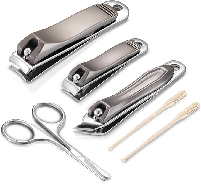 6-in-1 Stainless Steel Manicure Kit, Nail Clipper + Nose Hair Scissors + Ear Spoon | Mili-Grade Blades & TSA Compliant | Portable Travel Essentials